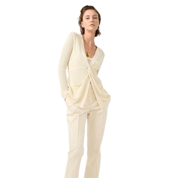 Pull manche longue BARBARA BUI col V maille ajourée coton modal écru sable nœud