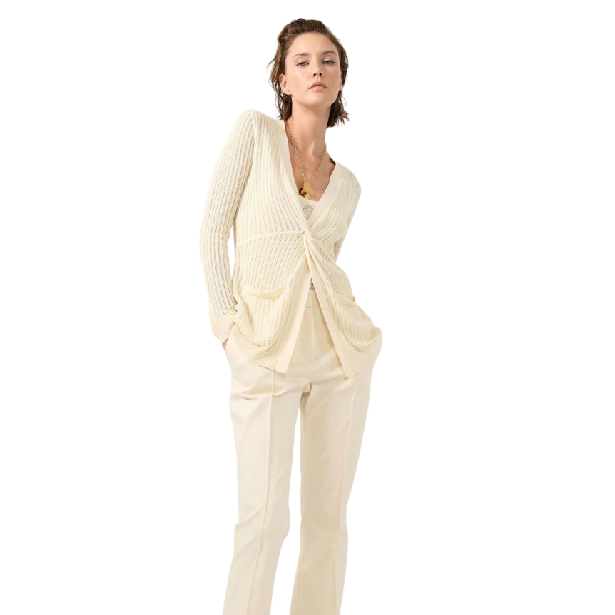 Pull manche longue BARBARA BUI col V maille ajourée coton modal écru sable nœud