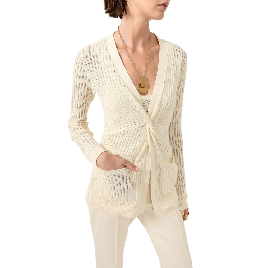 Pull manche longue BARBARA BUI col V maille ajourée coton modal écru sable nœud