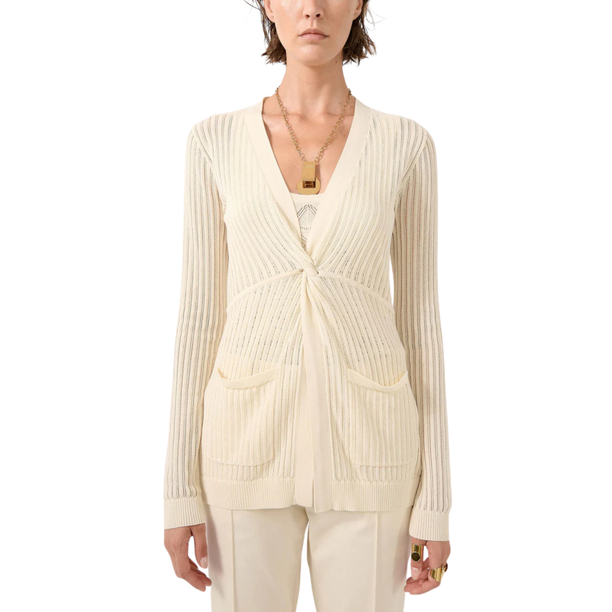 Pull manche longue BARBARA BUI col V maille ajourée coton modal écru sable nœud