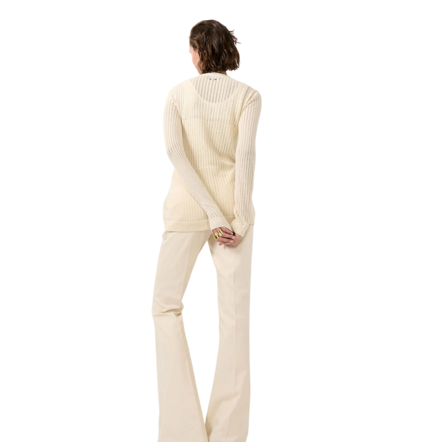 Pull manche longue BARBARA BUI col V maille ajourée coton modal écru sable nœud