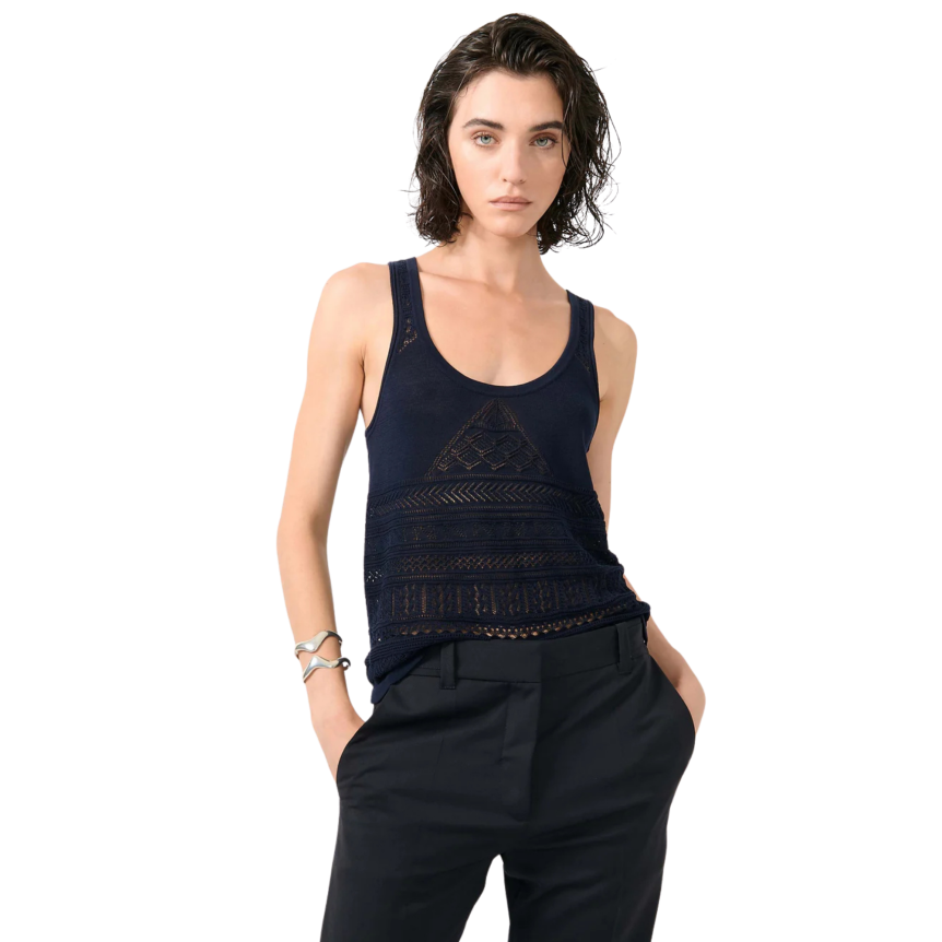 Top Débardeur BARBARA BUI maille ajourée coton modal bleu navy