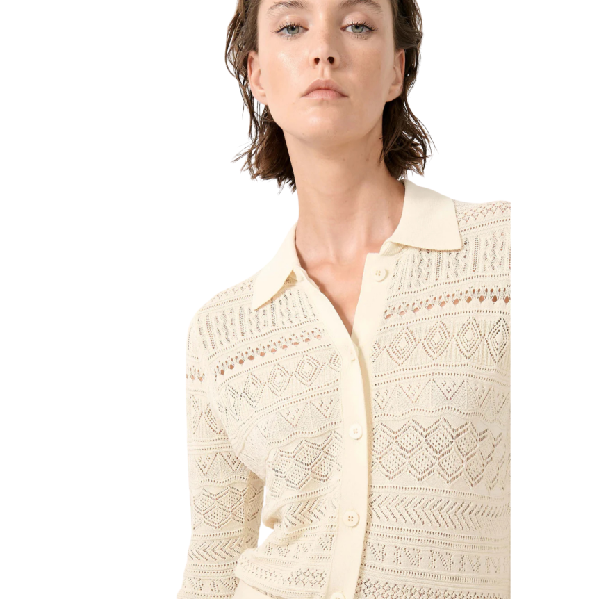 Cardigan à boutons col polo maille ajourée coton modal écru sable