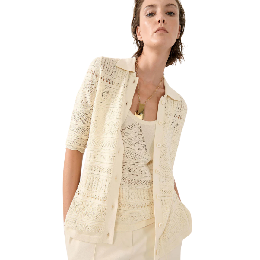 Cardigan à boutons col polo maille ajourée coton modal écru sable
