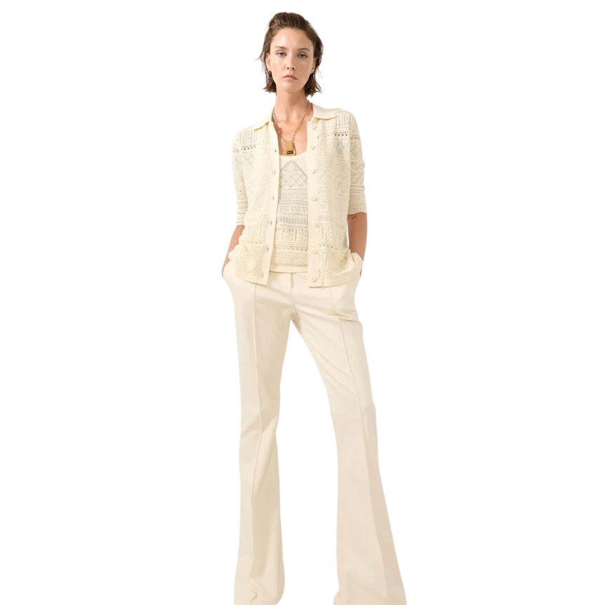 Cardigan à boutons col polo maille ajourée coton modal écru sable