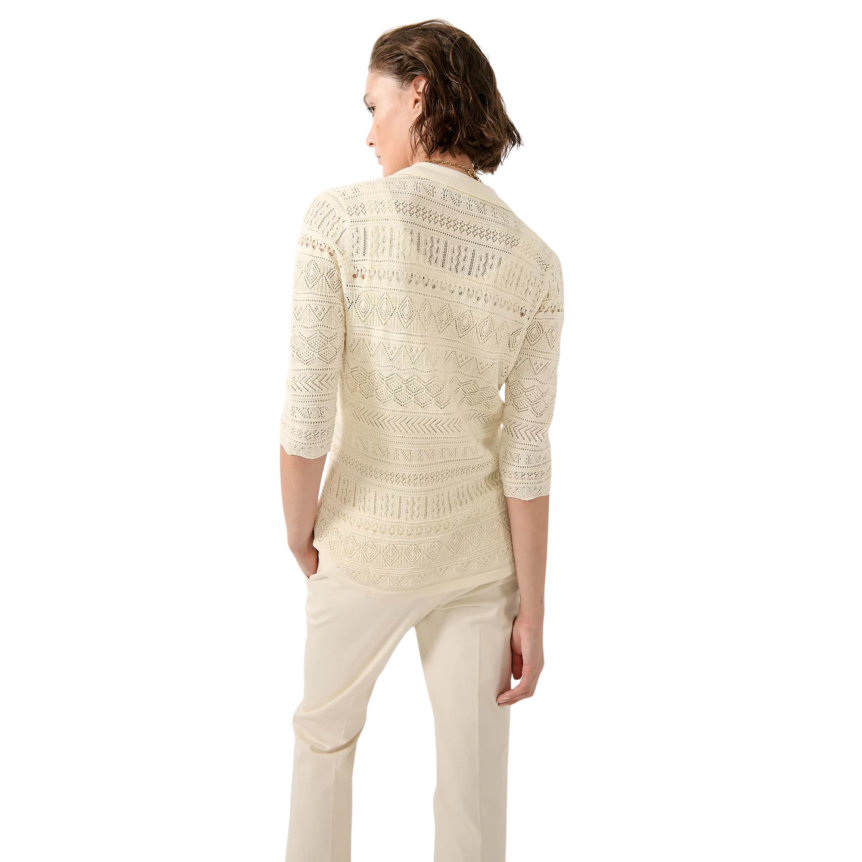 Cardigan à boutons col polo maille ajourée coton modal écru sable
