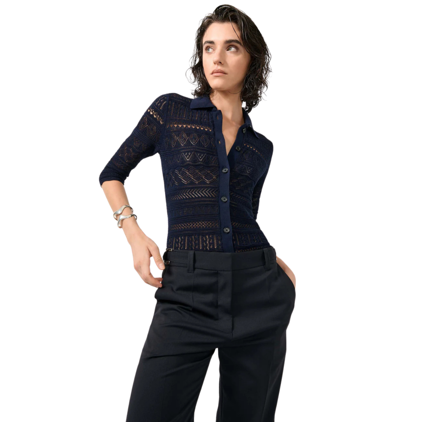Cardigan à boutons BARBARA BUI col polo maille ajourée coton modal bleu navy