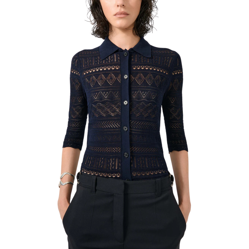 Cardigan à boutons BARBARA BUI col polo maille ajourée coton modal bleu navy