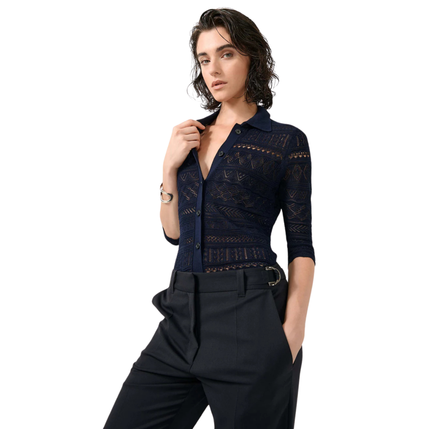 Cardigan à boutons BARBARA BUI col polo maille ajourée coton modal bleu navy
