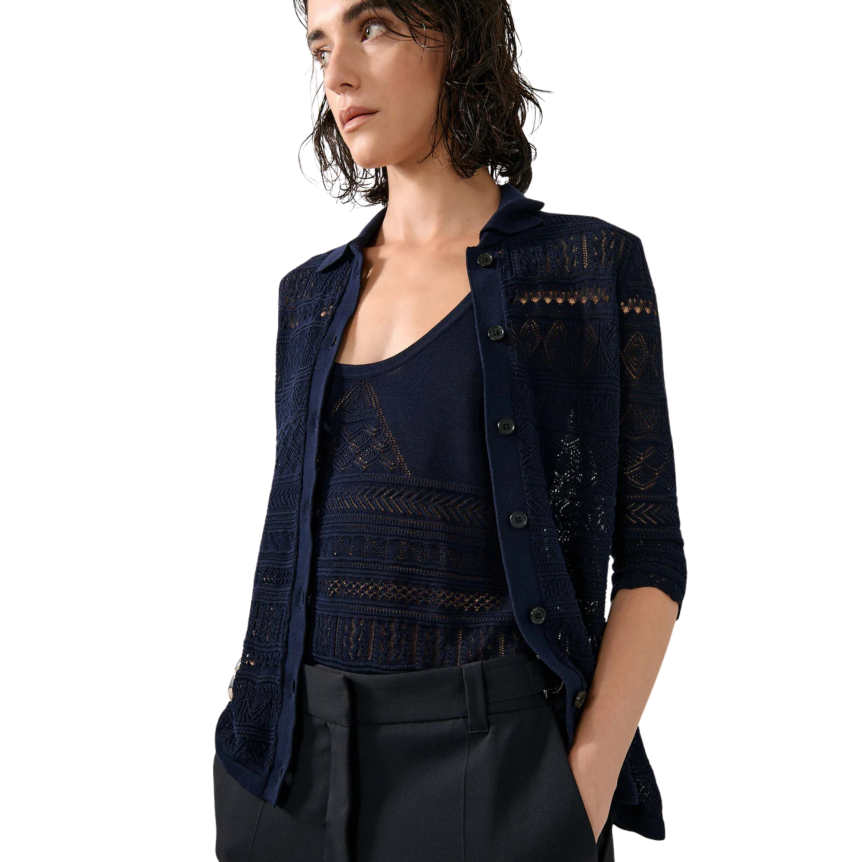 Cardigan à boutons BARBARA BUI col polo maille ajourée coton modal bleu navy