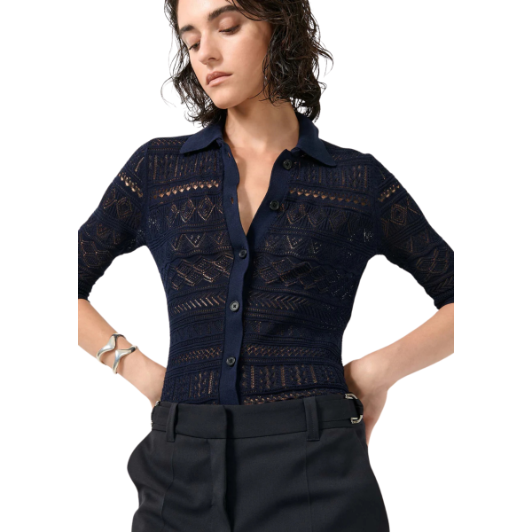Cardigan à boutons BARBARA BUI col polo maille ajourée coton modal bleu navy