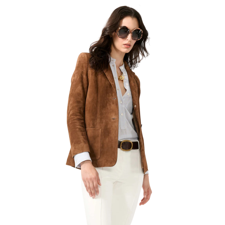 Veste boutonnée BARBARA BUI cuir agneau velours marron poche plaquée