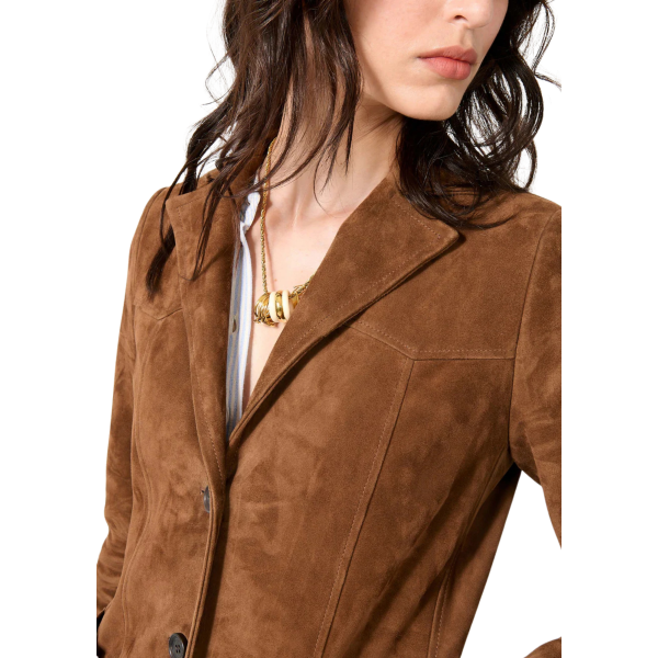 Veste boutonnée BARBARA BUI cuir agneau velours marron poche plaquée