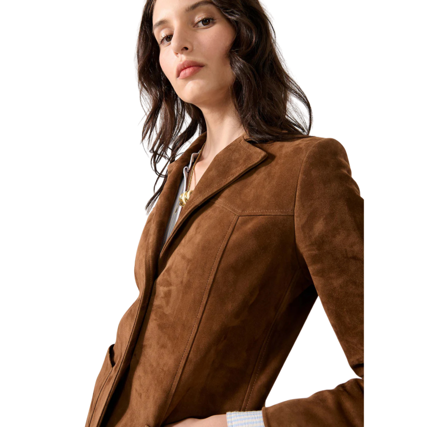 Veste boutonnée BARBARA BUI cuir agneau velours marron poche plaquée