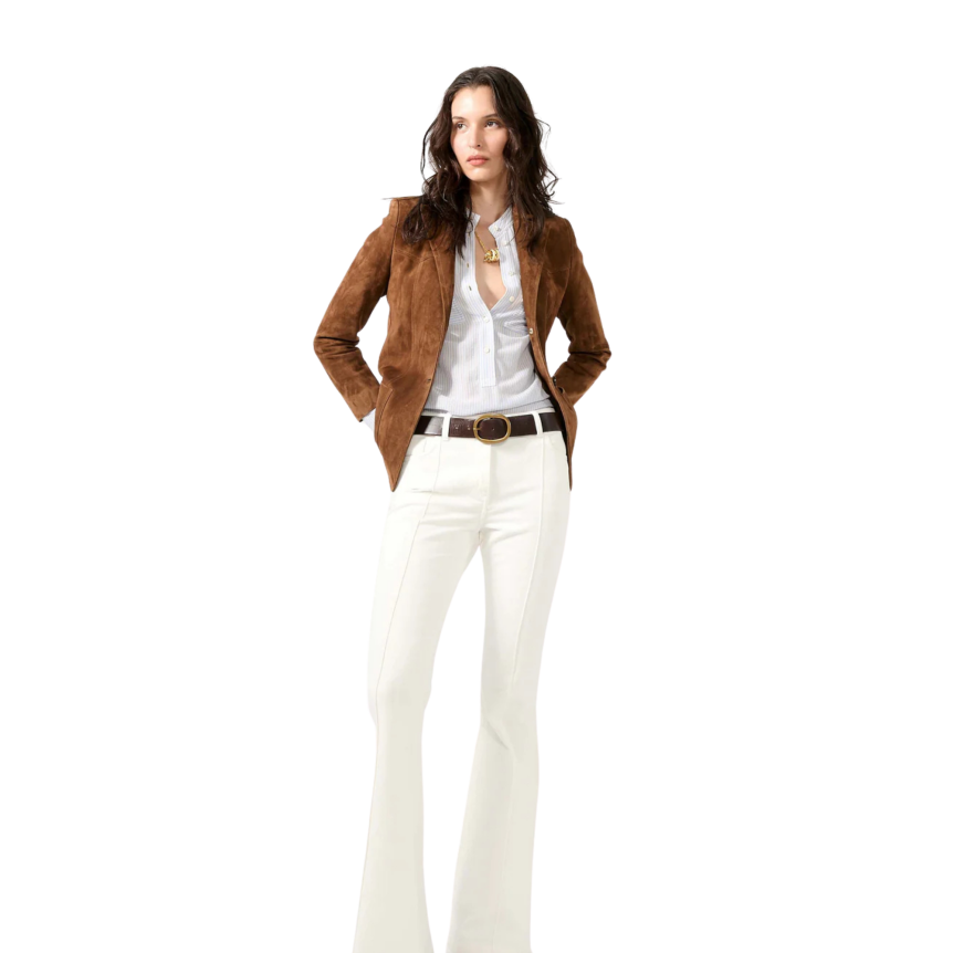 Veste boutonnée BARBARA BUI cuir agneau velours marron poche plaquée