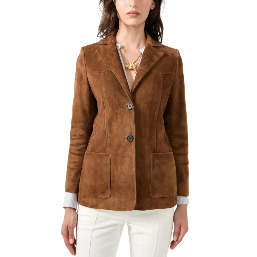 Veste boutonnée BARBARA BUI cuir agneau velours marron poche plaquée