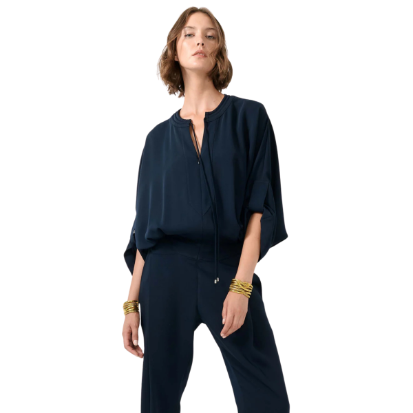 Combinaison pantalon BARBARA BUI Col V zippé crêpe fluide bleu marine