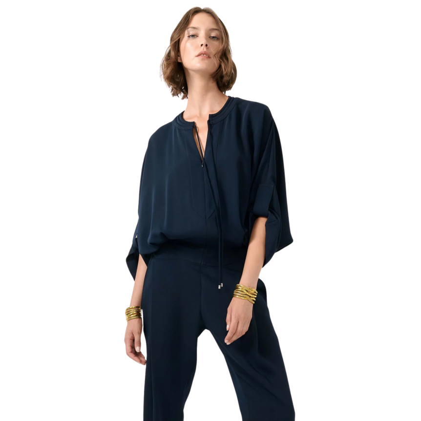 Combinaison pantalon BARBARA BUI Col V zippé crêpe fluide bleu marine