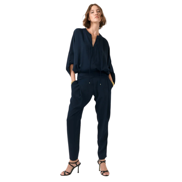 Combinaison pantalon BARBARA BUI Col V zippé crêpe fluide bleu marine