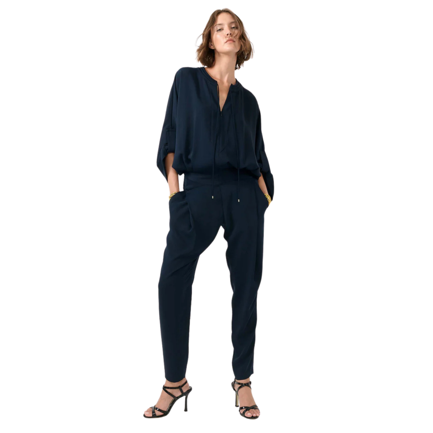 Combinaison pantalon BARBARA BUI Col V zippé crêpe fluide bleu marine