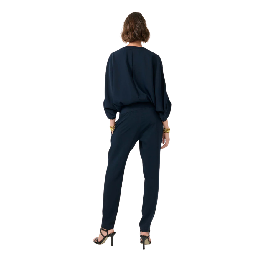 Combinaison pantalon BARBARA BUI Col V zippé crêpe fluide bleu marine