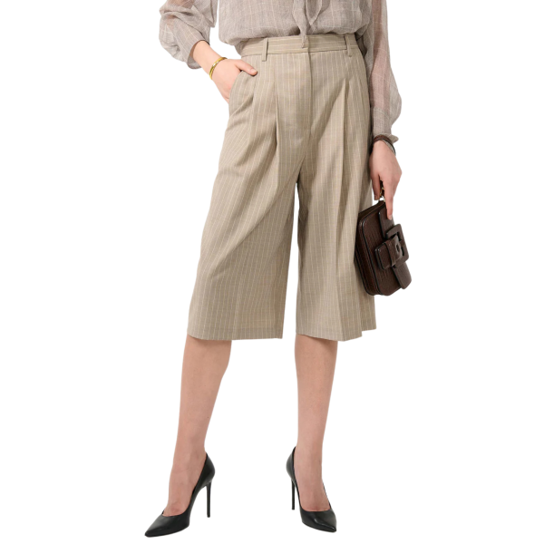 Bermuda long polyester laine beige rayures écru poches