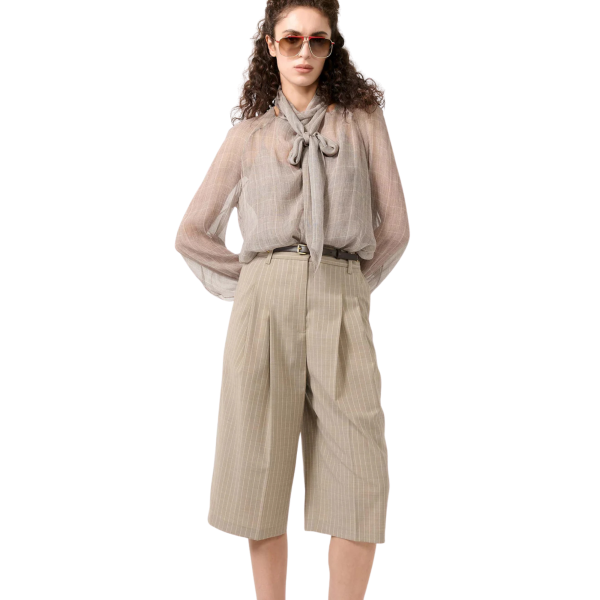 Bermuda long polyester laine beige rayures écru poches