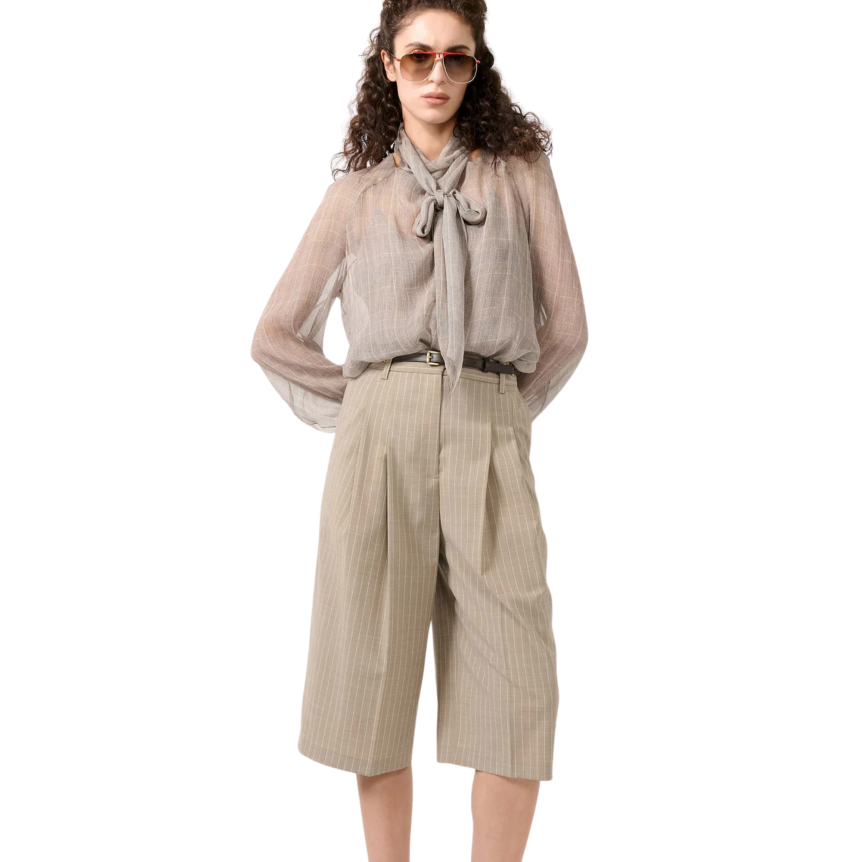 Bermuda long polyester laine beige rayures écru poches