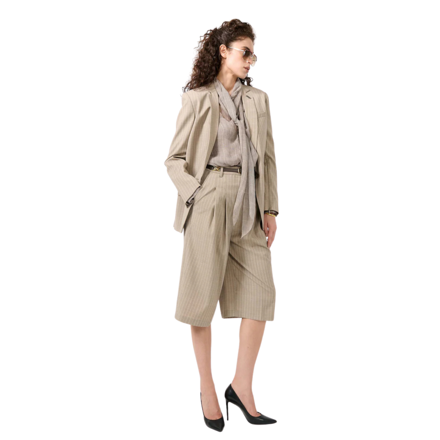 Bermuda long polyester laine beige rayures écru poches