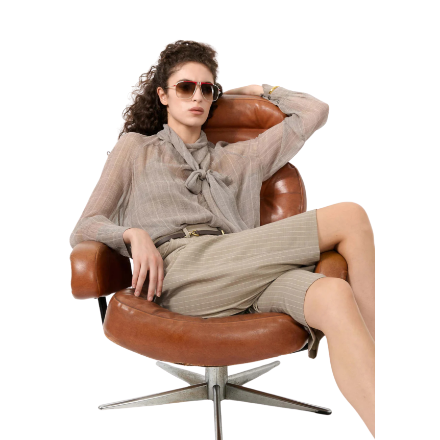 Bermuda long polyester laine beige rayures écru poches