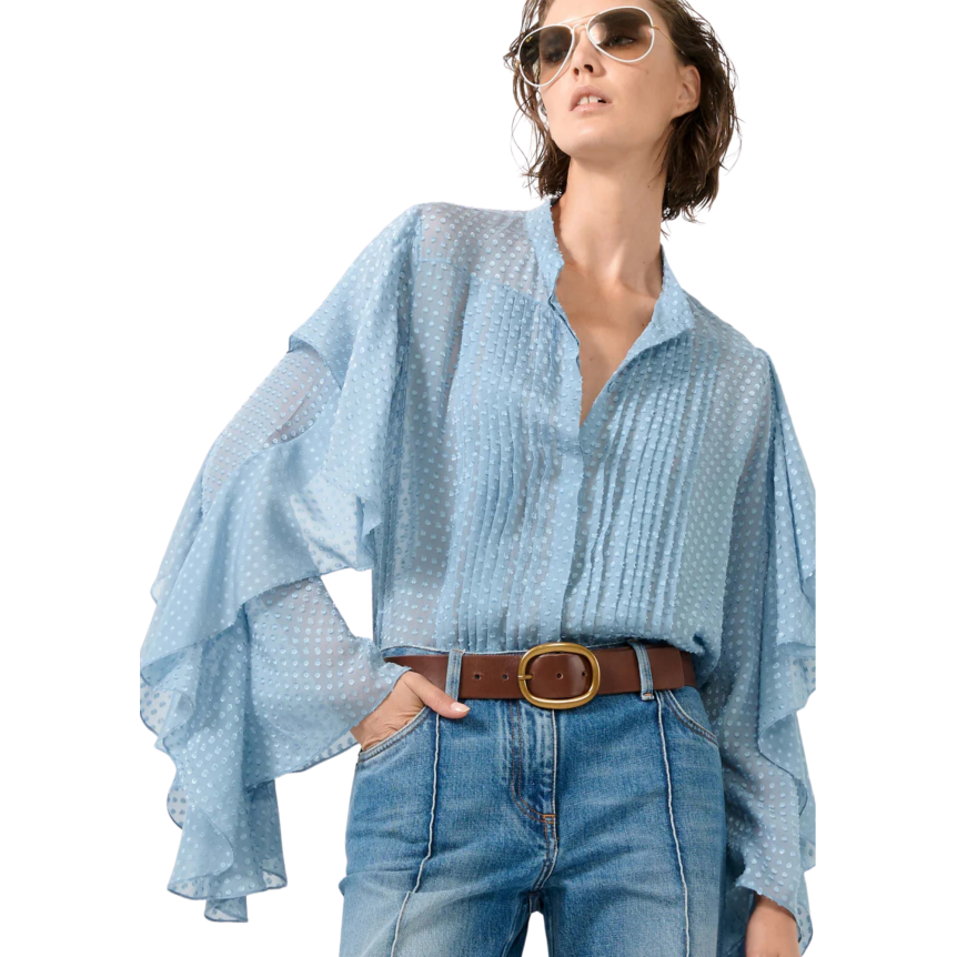 Chemise BARBARA BUI soie plumetis bleu ciel manches volants