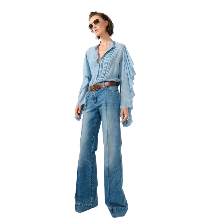 Chemise BARBARA BUI soie plumetis bleu ciel manches volants