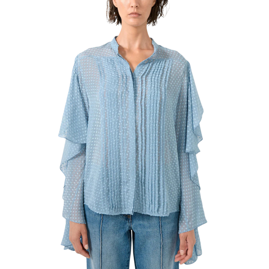 Chemise BARBARA BUI soie plumetis bleu ciel manches volants