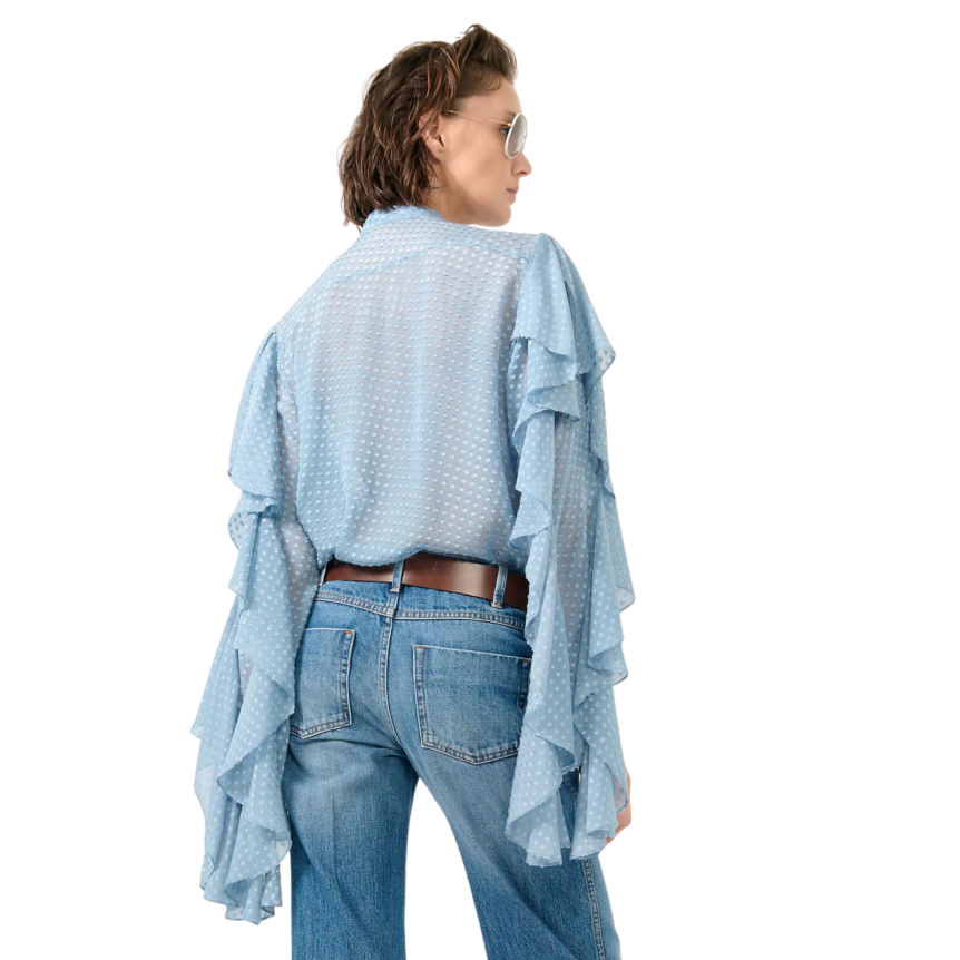 Chemise BARBARA BUI soie plumetis bleu ciel manches volants