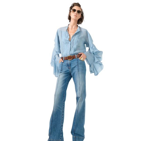 Chemise BARBARA BUI soie plumetis bleu ciel manches volants