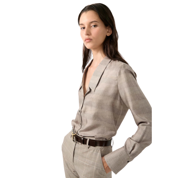 Chemise col veste BARBARA BUI twill soie carreaux Prince de Galles beige