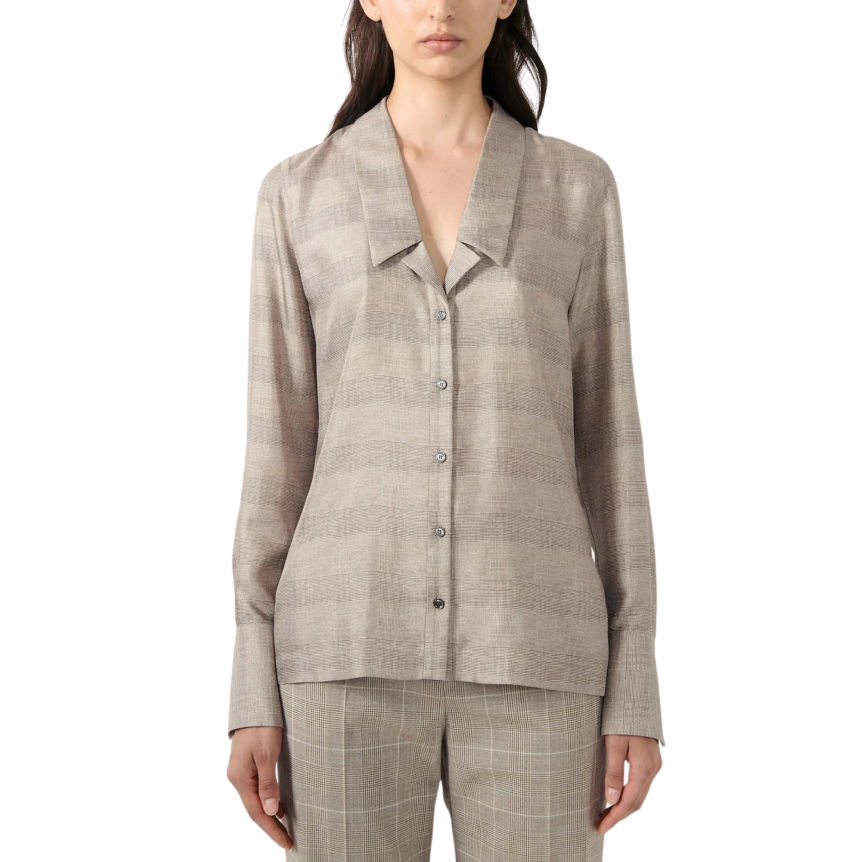 Chemise col veste BARBARA BUI twill soie carreaux Prince de Galles beige