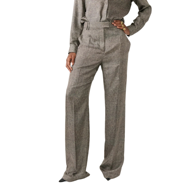 Pantalon large Barbara Bui en twill de soie imprimé Lino chiné gris beige