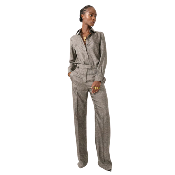 Pantalon large Barbara Bui en twill de soie imprimé Lino chiné gris beige