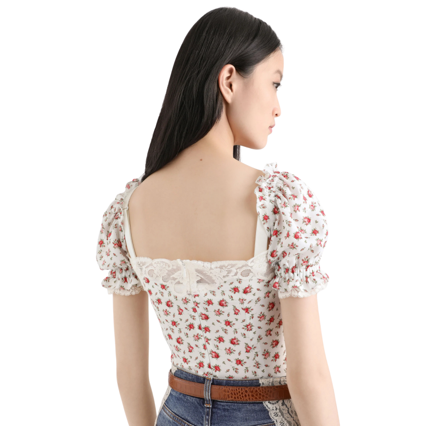 Top manche courte DOLCE & GABBANA soie coton blanc à imprimé fleurs roses dentelle