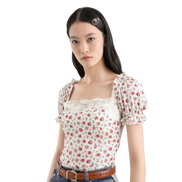 Top manche courte DOLCE & GABBANA soie coton blanc à imprimé fleurs roses dentelle