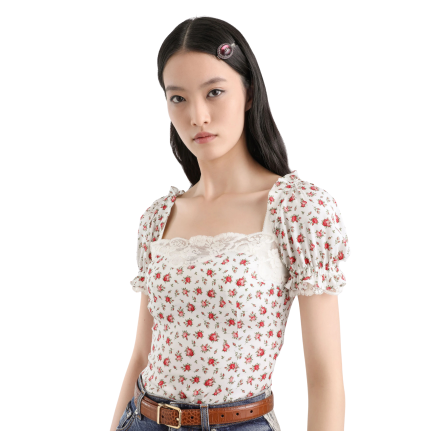 Top manche courte DOLCE & GABBANA soie coton blanc à imprimé fleurs roses dentelle