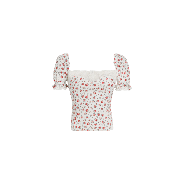 Top manche courte DOLCE & GABBANA soie coton blanc à imprimé fleurs roses dentelle