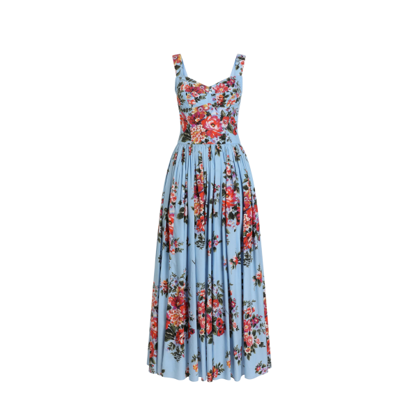 robe longue DOLCE & GABBANA à bretelles coton bleu imprimé bouquet de fleurs