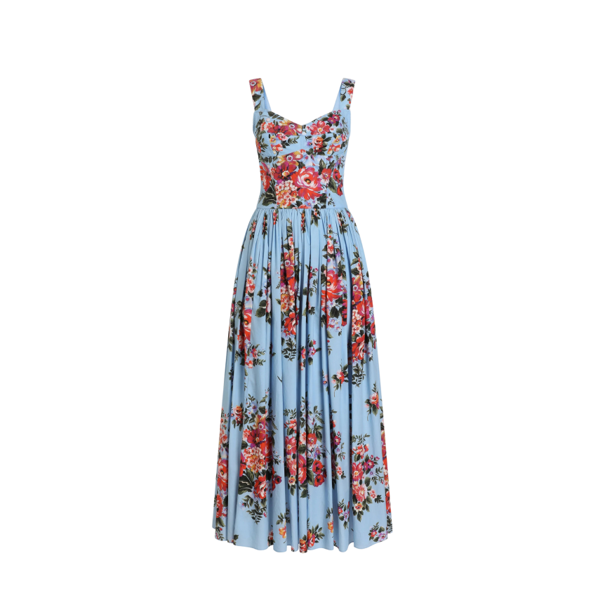 robe longue DOLCE & GABBANA à bretelles coton bleu imprimé bouquet de fleurs