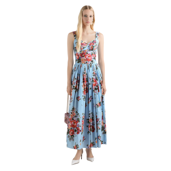 robe longue DOLCE & GABBANA à bretelles coton bleu imprimé bouquet de fleurs
