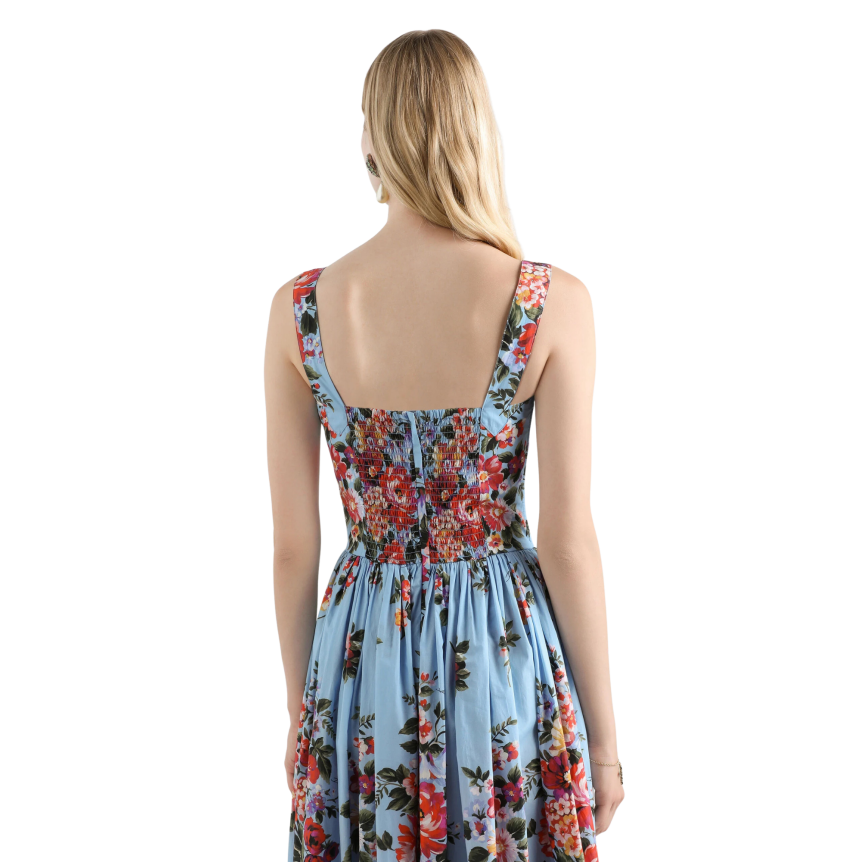 robe longue DOLCE & GABBANA à bretelles coton bleu imprimé bouquet de fleurs