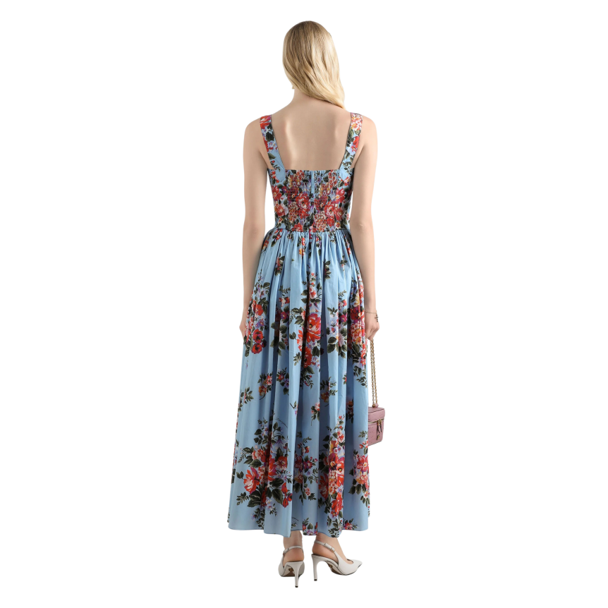robe longue DOLCE & GABBANA à bretelles coton bleu imprimé bouquet de fleurs