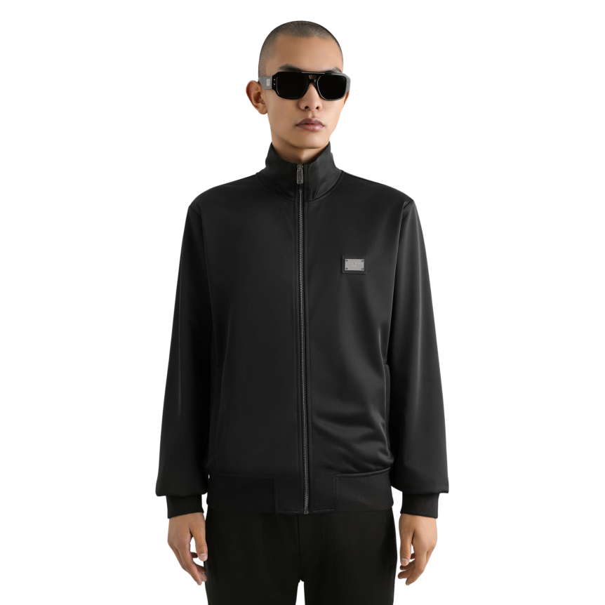 Blouson zippé DOLCE & GABBANA col montant nylon léger noir plaque métal logo