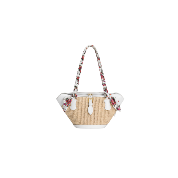 Sac cabas panier DOLCE & GABBANA Capri Coffa cuir blanc Raphia anse foulard fleurs